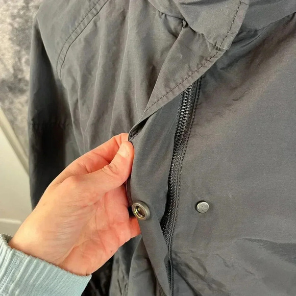 Eileen Fisher Hooded Rain Jacket Black Women's L Nylon Cotton Cinched Coat - Picture 4 of 15